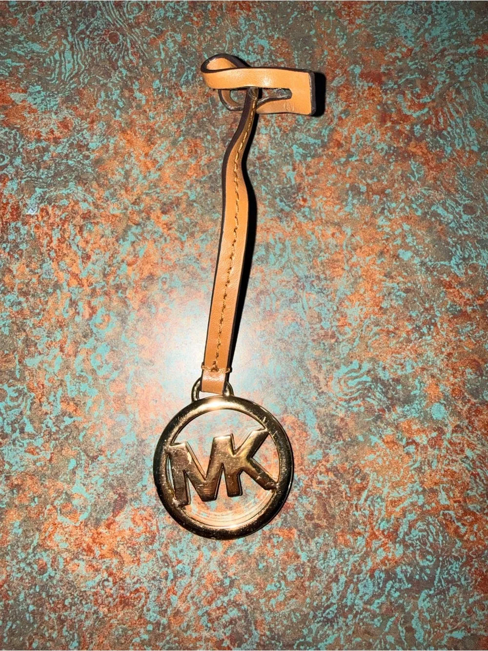 Michael Kors Brown Leather Strap Key Charm with Gold MK Logo